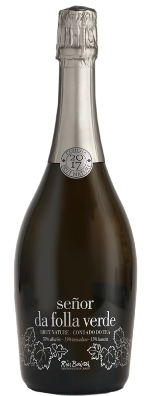 Botella de Señor da Folla Verde Brut Nature, Vino Espumoso gallego elaborado con Albariño, Treixadura y Loureira