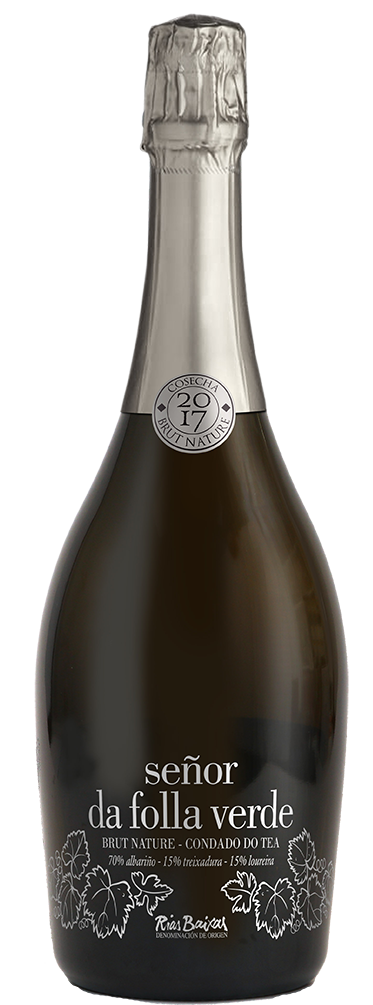 Botella de Señor da Folla Verde Brut Nature, Vino Espumoso gallego elaborado con Albariño, Treixadura y Loureira
